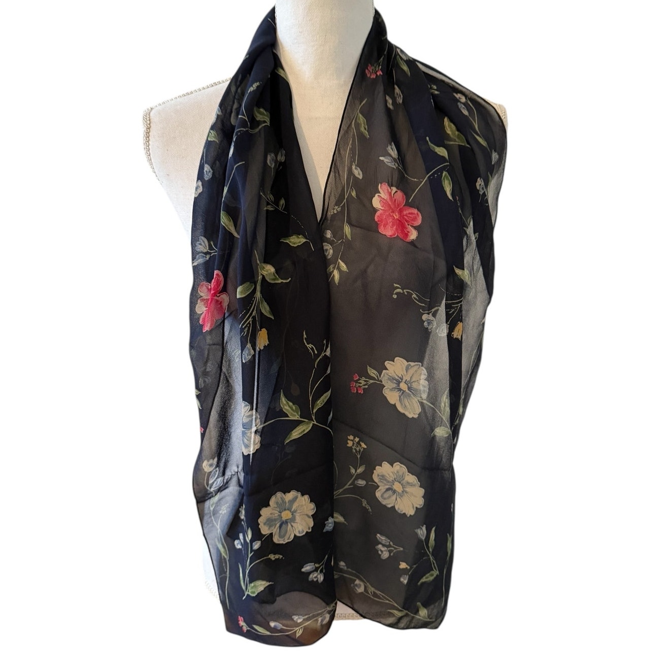 Vintage Silk Chiffon Scarf Navy Blue Floral Print Vintage Silk Chiffon Scarf Navy Blue Floral Print